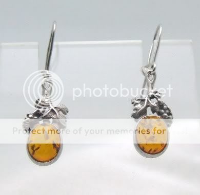 Silver Earrings Amber Sterling Oxidized Oval Cabochon Grape Leaf 