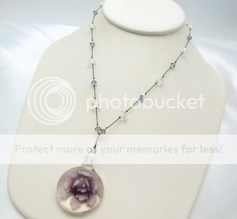 Encased Glass Pendant 17 Necklace Crystals Purple & White Flower 